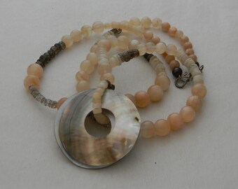 black lip abalone pendants on blush moonstone & sun stone beads necklace , smoky quartz beads , double abalone pendant , necklace for women