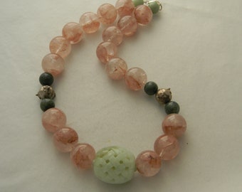 Large quartz beads necklace / jade pendant , large bead necklace , celadon jade jewelry , rare find chunky quartz & jade necklace for women