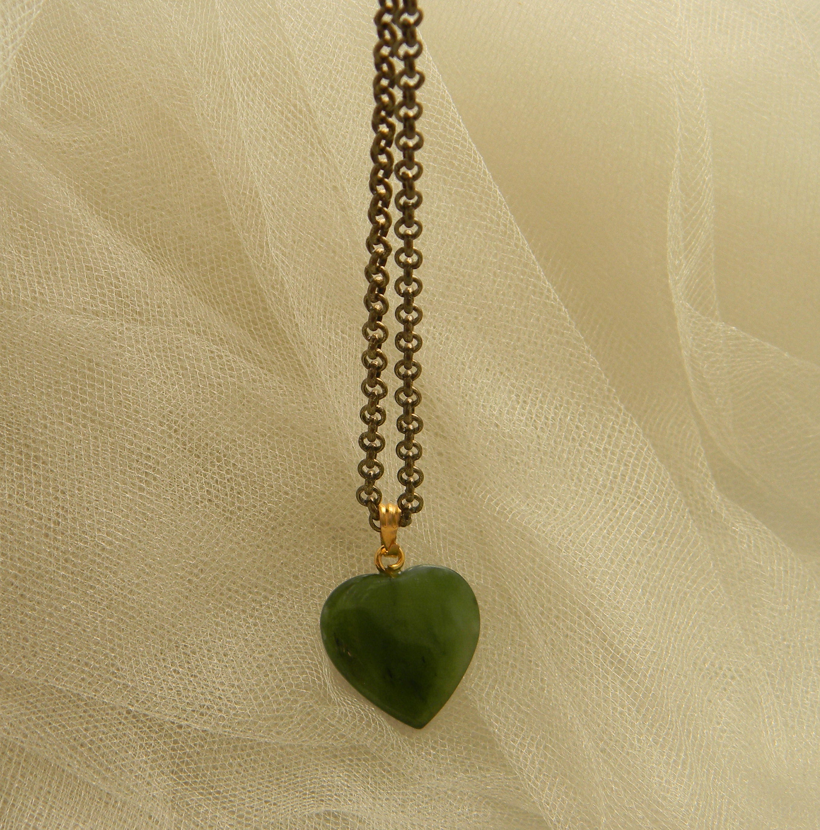 Jade heart pendant & brass chain necklace green jade pendant | Etsy