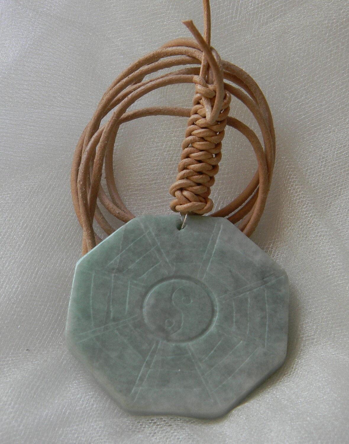 Celadon jade pendant on leather cord necklace large octagon Etsy