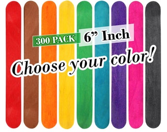 300 Sticks 6 Inch Jumbo Wood Craft Popsicle Sticks -CHOOSE YOUR COLOR!