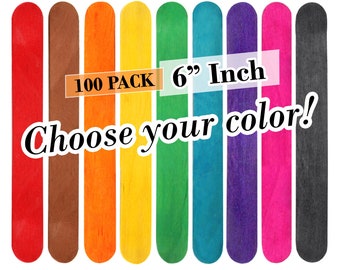 100 Craft Sticks, 6 Inch Jumbo Wood Popsicle Sticks -CHOOSE YOUR COLOR!