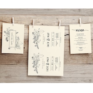 May include: A set of three cream-colored wedding invitations with black floral illustrations and text. The invitations include a save the date card, a wedding invitation, and a menu card. The text on the invitations reads "Save the Date", "You're Invited to Jack & May", and "Menu".