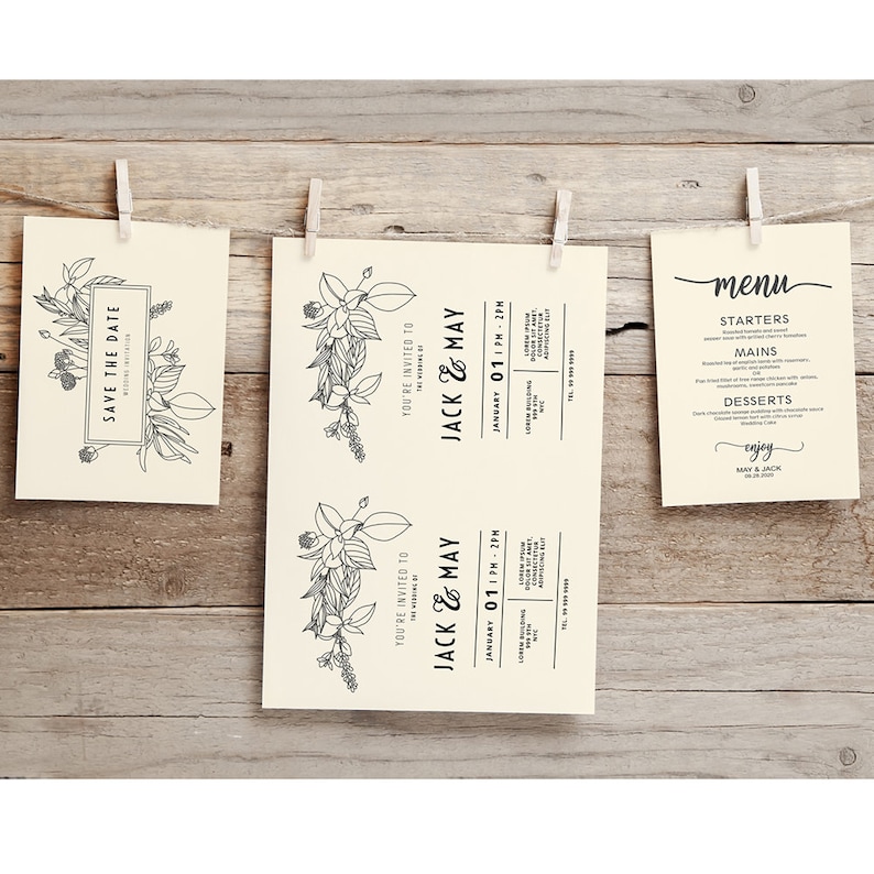 May include: A set of three cream-colored wedding invitations with black floral illustrations and text. The invitations include a save the date card, a wedding invitation, and a menu card. The text on the invitations reads "Save the Date", "You're Invited to Jack & May", and "Menu".