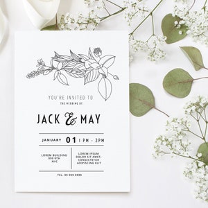 K&ouml;nnte beinhalten: Eine schwarz-wei&szlig;e Hochzeitseinladung mit einer floralen Illustration oben. Der Text lautet "Sie sind eingeladen zur Hochzeit von Jack & May" und enth&auml;lt Datum, Uhrzeit, Ort und Kontaktinformationen.