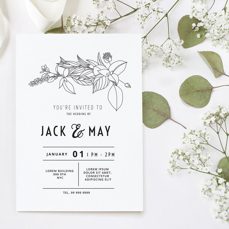 K&ouml;nnte beinhalten: Eine schwarz-wei&szlig;e Hochzeitseinladung mit einer floralen Illustration oben. Der Text lautet "Sie sind eingeladen zur Hochzeit von Jack & May" und enth&auml;lt Datum, Uhrzeit, Ort und Kontaktinformationen.