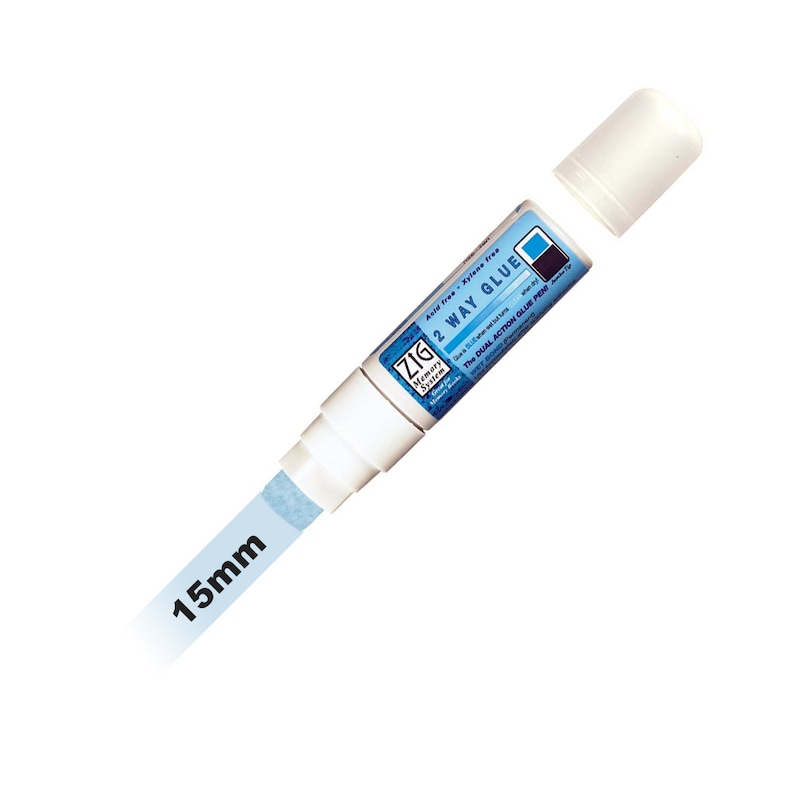 May include: A white Zig Memory System 2-Way Glue Pen with a blue label that says "Acid Free - Xylene Free" and "2 Way Glue". The pen is 15mm in diameter and has a cap on one end.