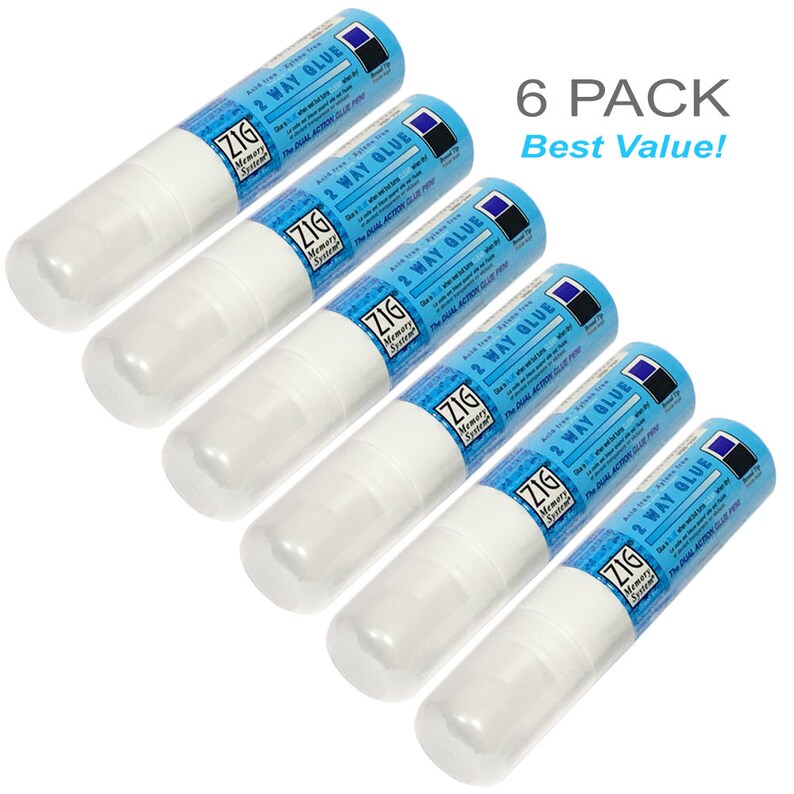 May include: Six white bottles of Zig Memory System 2 Way Glue. The bottles are arranged in a row, with the labels facing the viewer. The labels are blue and white and feature the Zig logo and the product name. The text "6 PACK Best Value!" is printed in blue on a white background above the bottles.