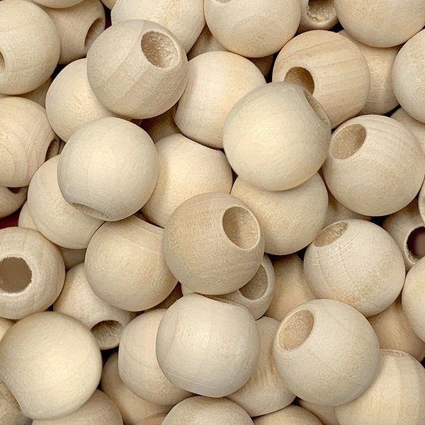 16mm Unfinished Wood Beads with Large 5mm Hole for Macrame, Weaving, Tassels, Garlands, Craft Projects