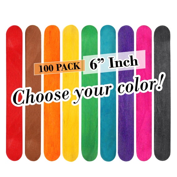 100 Craft Sticks, 6 Inch Jumbo Wood Popsicle Sticks CHOOSE YOUR COLOR 