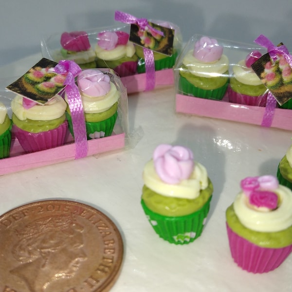 Dolls House Cake 3 miniature Green and Fuchsia rose themed cream cupcakes loose in gift box with label 1/12th handmade polymer clay