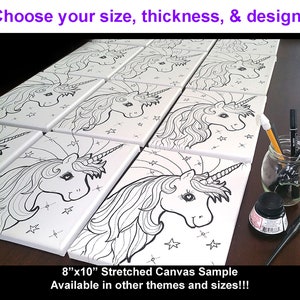 PreDrawn Outline Themed Canvas Board for Kids Art Party Paint party Set kit bulk lot choose size8x8 or 8x10 Princess mermaid and more