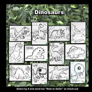 May include: A black and white coloring page featuring 12 different dinosaur illustrations. The dinosaurs are in various poses and include a T-Rex, a Brachiosaurus, a Triceratops, and a Stegosaurus. The page is titled "Dinosaurs" and includes numbers 1 through 12 to indicate each dinosaur.
