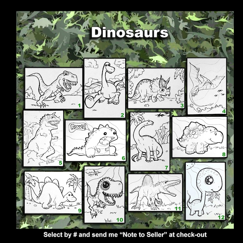May include: A black and white coloring page featuring 12 different dinosaur illustrations. The dinosaurs are in various poses and include a T-Rex, a Brachiosaurus, a Triceratops, and a Stegosaurus. The page is titled "Dinosaurs" and includes numbers 1 through 12 to indicate each dinosaur.