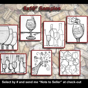 May include: Seven black and white line art designs of wine glasses and bottles, each framed in a red border and numbered 1 through 7. The designs are set against a background of cork bottle stoppers.