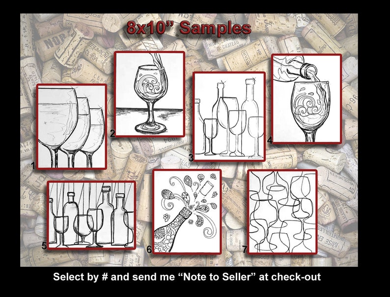 May include: Seven black and white line art designs of wine glasses and bottles, each framed in a red border and numbered 1 through 7. The designs are set against a background of cork bottle stoppers.