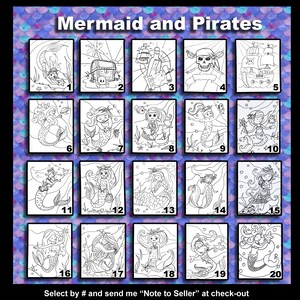 May include: A set of 20 black and white coloring pages featuring mermaids and pirates. The images include mermaids with long flowing hair, pirates with swords and treasure chests, and ships sailing on the ocean. Select by number and send a note to the seller at checkout.