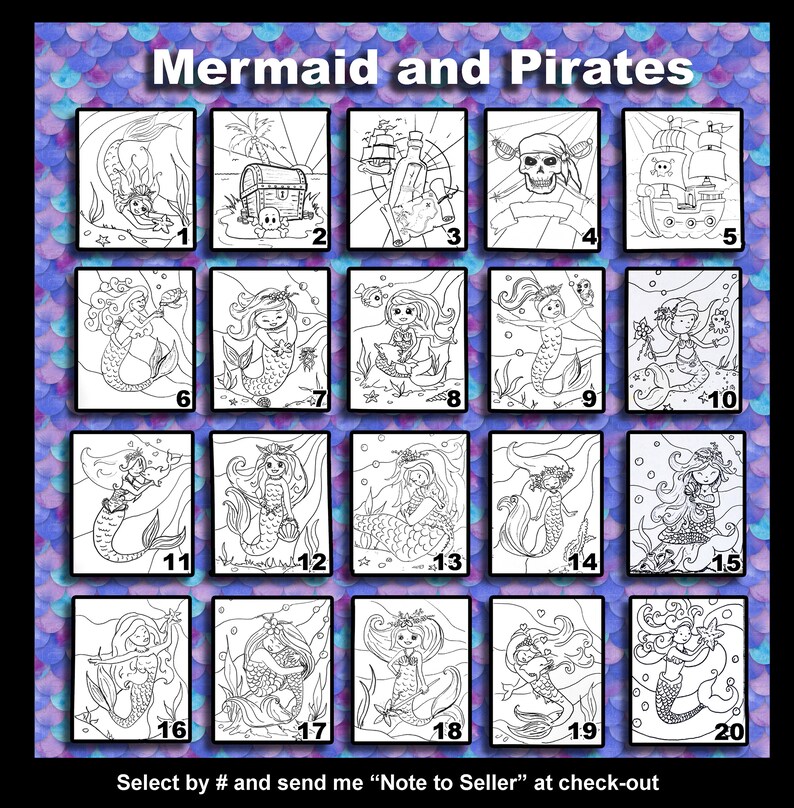 May include: A set of 20 black and white coloring pages featuring mermaids and pirates. The images include mermaids with long flowing hair, pirates with swords and treasure chests, and ships sailing on the ocean. Select by number and send a note to the seller at checkout.