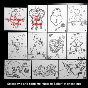 May include: A set of 11 black and white line art designs on 6x6 inch stretched canvases and 5x7 inch flat canvases. The designs include a heart lock and key, two birds on a branch, a cat and a fish, an elephant, a dreamcatcher, two foxes, a word art design of "love", and two roses.