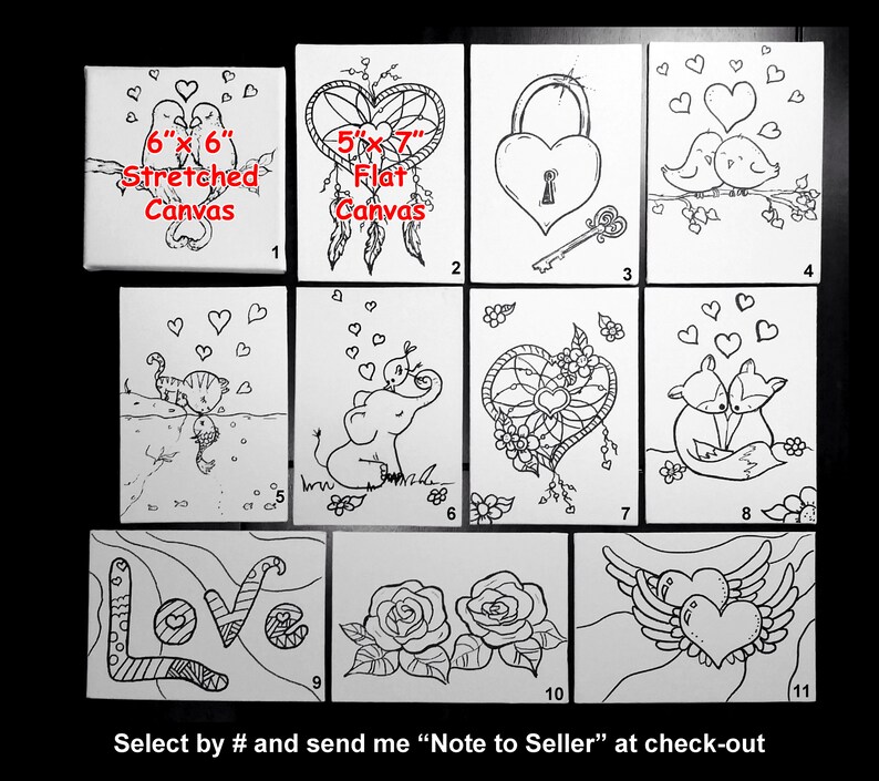 May include: A set of 11 black and white line art designs on 6x6 inch stretched canvases and 5x7 inch flat canvases. The designs include a heart lock and key, two birds on a branch, a cat and a fish, an elephant, a dreamcatcher, two foxes, a word art design of "love", and two roses.