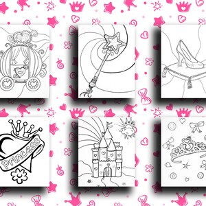 May include: Six black and white coloring pages featuring princess-themed illustrations. The illustrations include a carriage, a magic wand, a glass slipper, a heart with a crown, a castle, and a tiara.