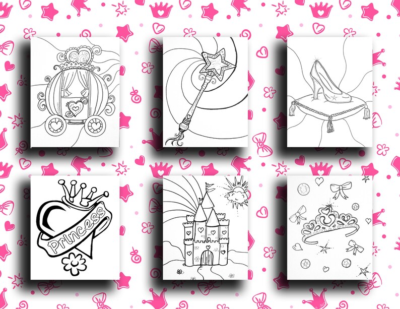 May include: Six black and white coloring pages featuring princess-themed illustrations. The illustrations include a carriage, a magic wand, a glass slipper, a heart with a crown, a castle, and a tiara.
