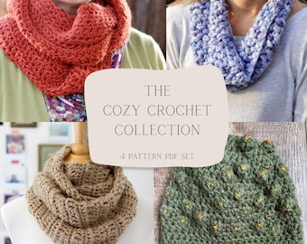 May include: The Cozy Crochet Collection, a 4-pattern PDF set, features four crochet items. The image showcases a red cowl, a blue and purple cowl, a tan cowl, and a green hat with yellow accents. The items are displayed on a person and a mannequin.