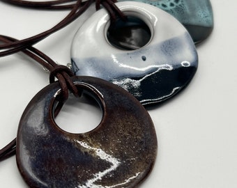 Round Pendant on Leather Cord ~ Handmade Ceramic Jewelry