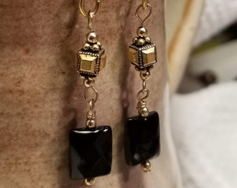 Handmade Earrings - 14K Gold-filled Ear Hooks w/ Black Onyx Faceted Drops
