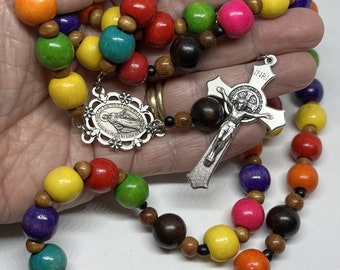 Catholic Rosary - Colorful Painted Wood Beads - Handmade by MartinMade