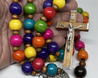 Catholic Rosary - Colorful Painted Wood Beads, Wooden Crucifix - Handmade by MartinMade