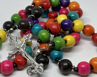 Catholic Rosary - Colorful Painted Wood Beads, Silver Findings - Handmade by MartinMade
