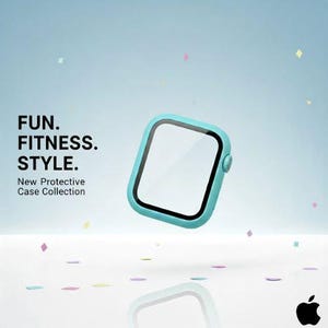 Pode incluir: Uma capa protetora turquesa para smartwatch com borda preta e tela transparente. A imagem inclui o texto "FUN. FITNESS. STYLE." e "New Protective Case Collection."
