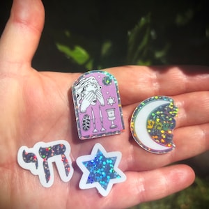 4-pak wodoodpornych, miniaturowych naklejek żydowskich | Szabat | brokatowa gwiazda i chai | Szema hebrajski księżyc | Judaizm | Judaica | rozmiar planera