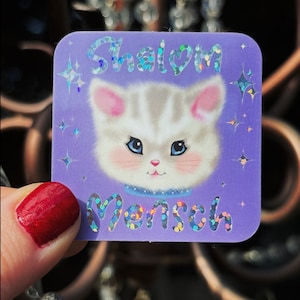 Naklejka Shalom mensch glitter letters vintage style kitty Jewish | wodoodporna | odporna na warunki atmosferyczne | judaica | Judaizm | uroczy zabawny pomysł na prezent