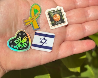 4 pack of mini waterproof Jewish stickers| antisemitism *clear| Israel flag| yellow ribbon bring them home | am Yisrael chai holographic |