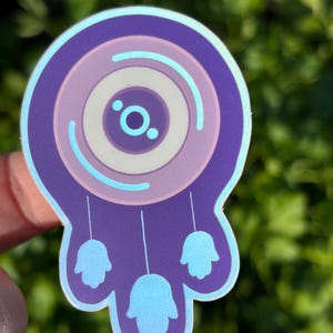 Pegatina holográfica morada de mano de Hamsa con diseño de mal de ojo, ideal para fiestas, regalos de Shabat Shalom, judaísmo, kosher, hebreo y bodas judías.