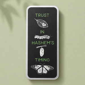 May include: A rectangular black sticker with a white border featuring the text TRUST IN HASHEM'S TIMING in green. The design includes white line art illustrations of a leaf with eggs, a caterpillar, a chrysalis, and a butterfly in a vertical sequence.