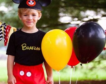 Monogrammed Mickey Mouse Birthday Outfit: Black Shirt, Red Shorts