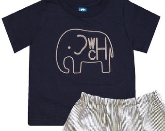Boy's Monogrammed ElephantShirt-Navy Shirt and Elephants Fabric Shorts or Gray Stripe Seersucker Shorts Outfit