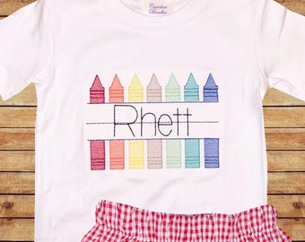 Boy's First Day of School Shirt with Crayons/Back to School Personalized Crayons Shirt Outfit/Shirt and Red Gingham Shorts or Pants Outfit