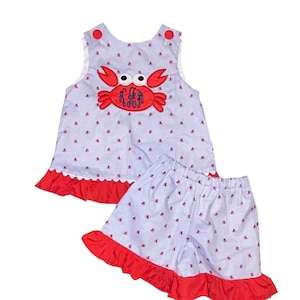 Monogrammed Crab Outfit: Girls Chambray Dress & Shorts Set