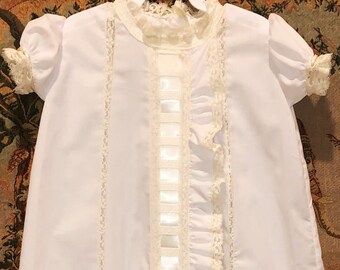 Heirloom Batiste Christening Gown: Long Beaded Baby Baptism Gown