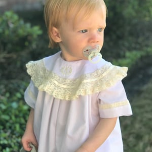 Holiday Heirloom Bubble Outfit Button On Blouse Shorts-Ring Bearer Portraits-Occasions with Round Lace Collar
