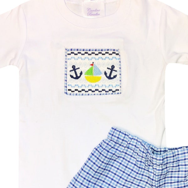 Boy's Faux Smocked Sailboat and Anchors Shirt-Embroidered Smocking Nautical Sea Outfit for Boys