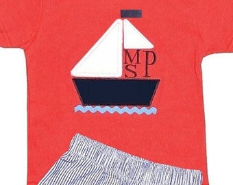 Boy's Personalized Sailboat Outfit-Monogram Beach Sailing Shirt-Personalized Boy Sails Outfit-Nautical Boy Outfit