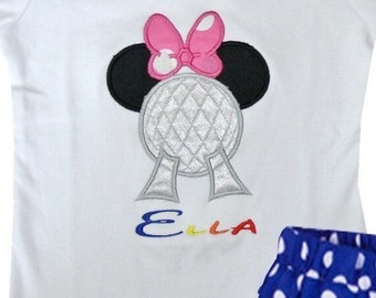 Girl's Minnie Mouse Epcot Ball and Epcot Colors Name Outfit or Bubble in Red or Hot Pink Color Schemes