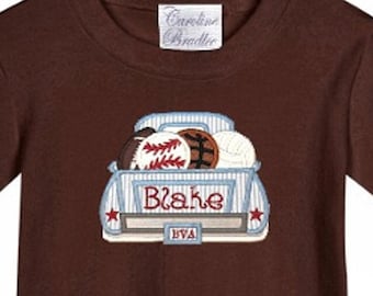 Boy's Sports Football Baseball Shirt-Basketball Soccer Shirt-Antique Pick Up Truck with Sports Balls and Monogram Outfit