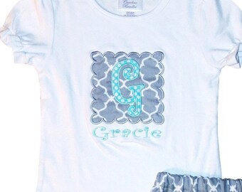 Girl's Monogram Personalized Initial Shirt-Applique Initial and Name Outfit in Gray and Turquoise with White Dots Ruffles