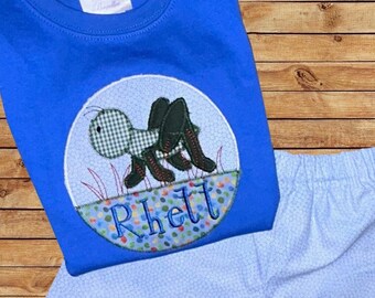 Boy Cricket Grasshopper Appliqued Shirt-Grasshopper in Grass Monogram Patch Shirt-Boys Cricket Bug Personalized Shirt and Shorts Outfit